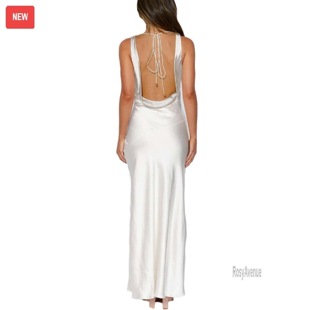 Satin Backless Maxi Dress for Wedding Guest Formal Party Cowl Neck